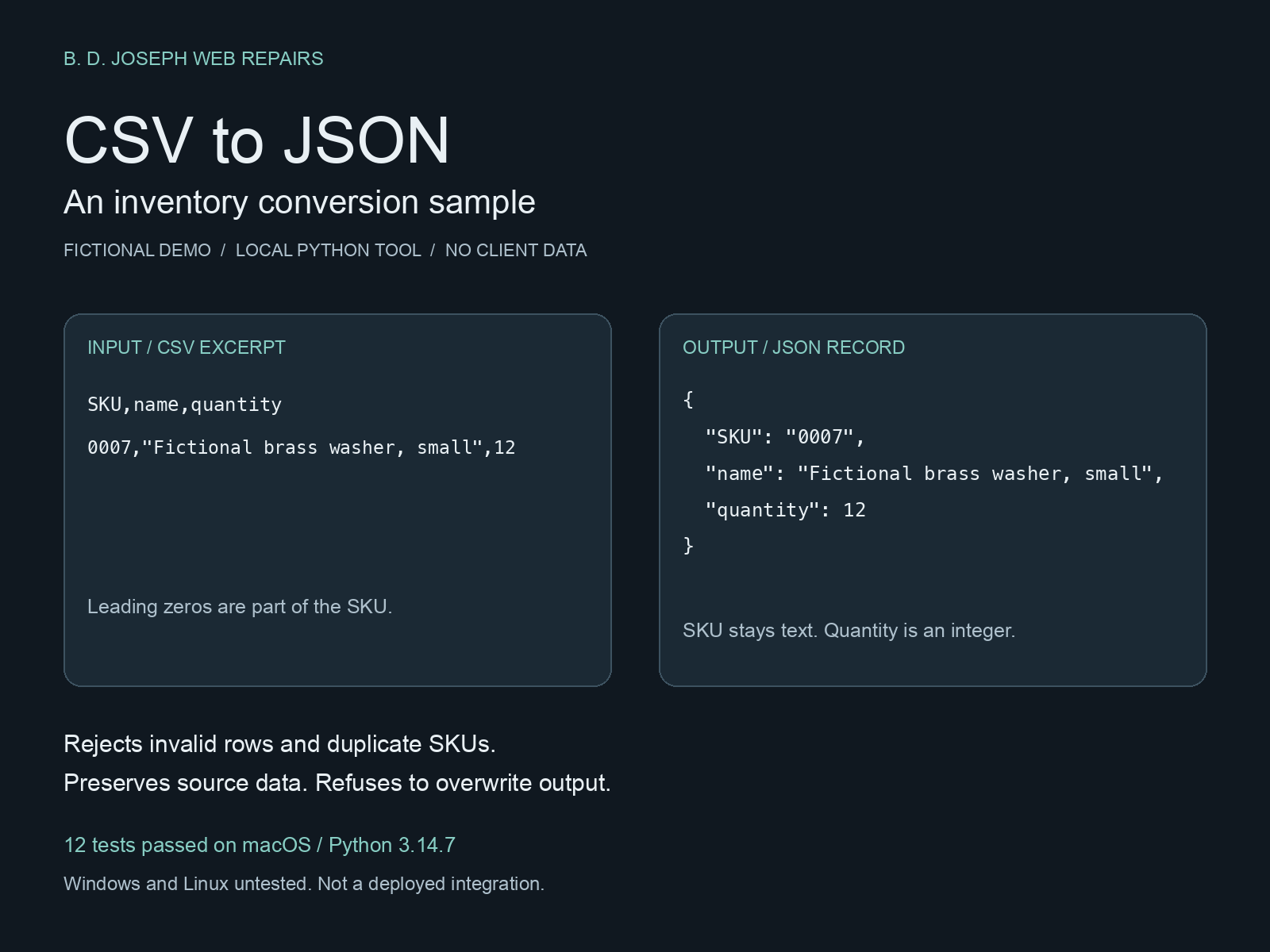 Inventory converter demonstration showing CSV input, validated JSON output and documented checks